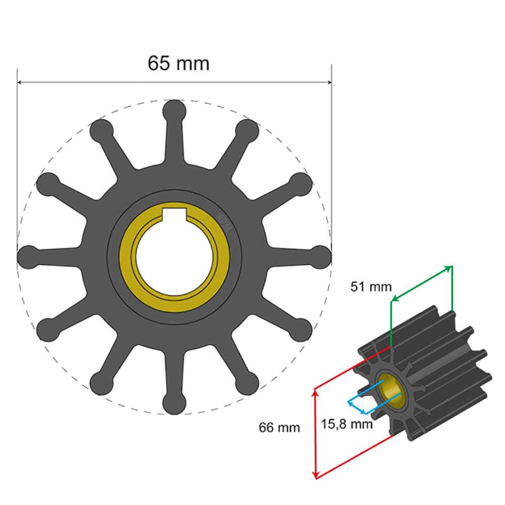 Albin Pump Premium Impeller Kit 65x15.8x51mm 12 blade key insert detailed dimensions diagram