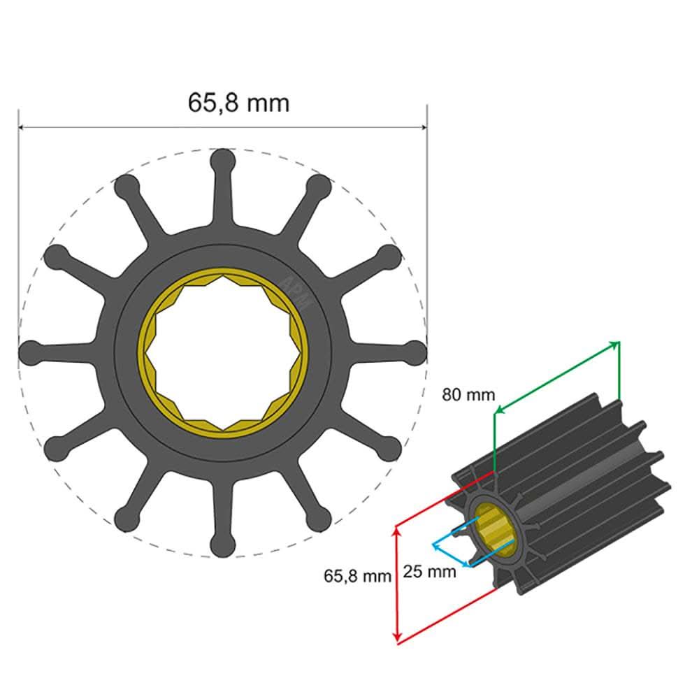 Albin Pump Premium Impeller Kit 65.8x25x80mm 12 blade spline insert technical diagram