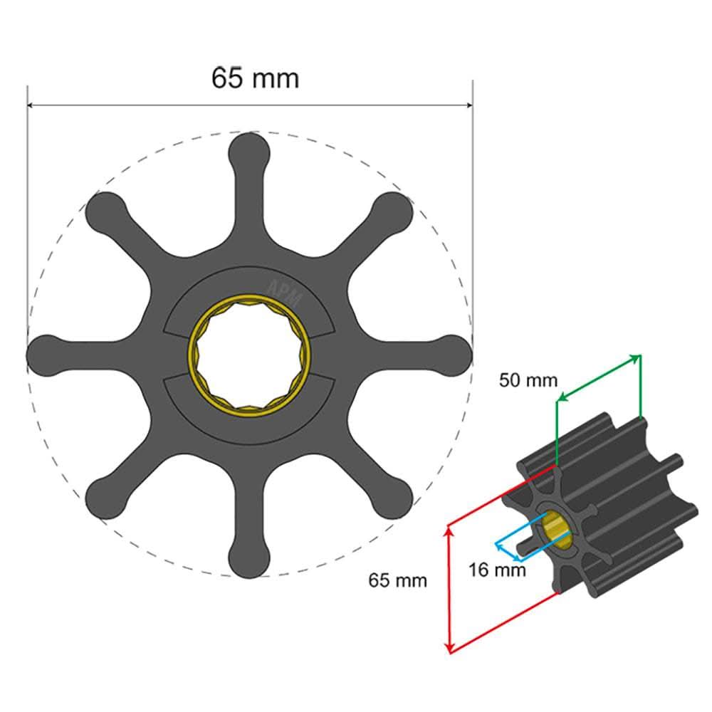 Albin Pump Premium Impeller Kit 65x16x50mm 8 blade spline insert diagram