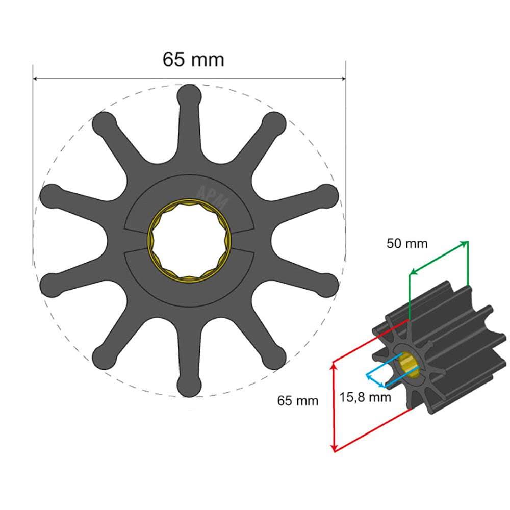 Albin Pump Premium Impeller 65x15.8x50mm 10 blade spline insert diagram