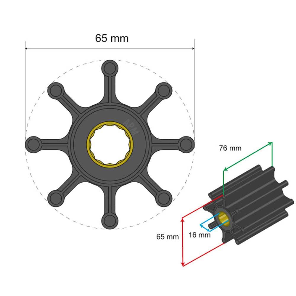 Albin Pump Premium Impeller Kit 65x16x76mm 8 blade spline insert diagram