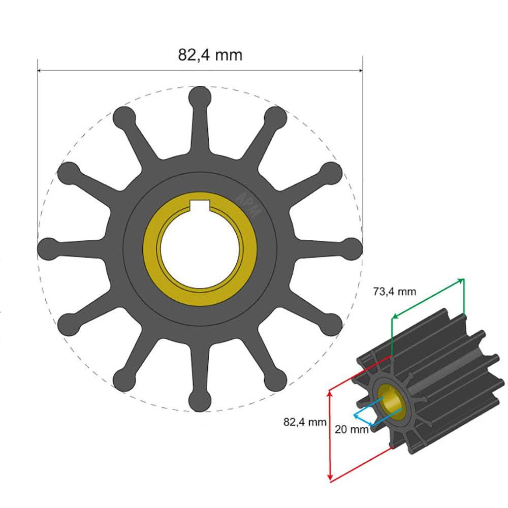 Albin Pump Premium Impeller Kit 82.4x20x73.4mm 12 blade key insert diagram