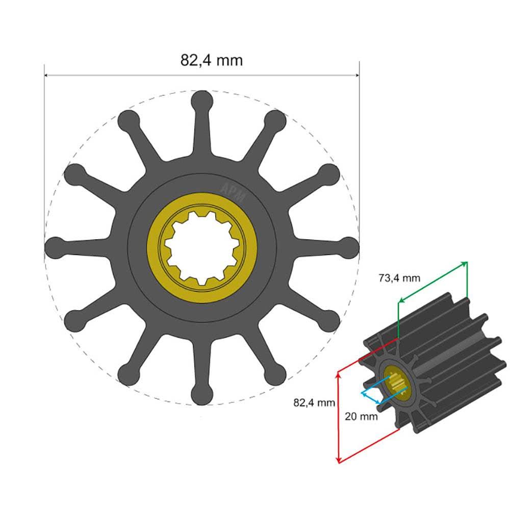 Albin Pump Premium Impeller Kit 82.4 x 20 x 73.4mm 12-blade spline insert marine impeller diagram