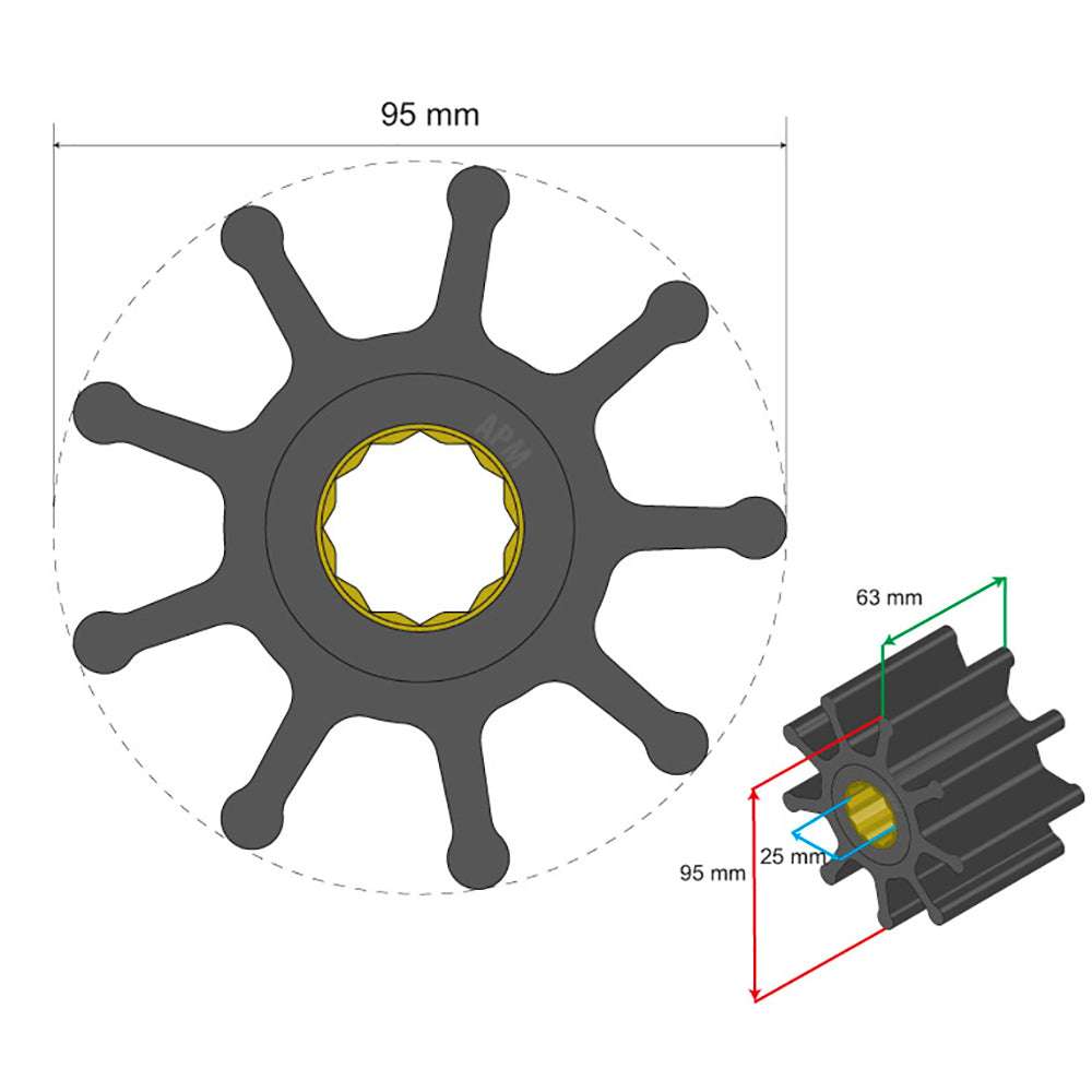 Albin Pump Premium Impeller Kit 95x25x63mm 9 blade spline insert diagram