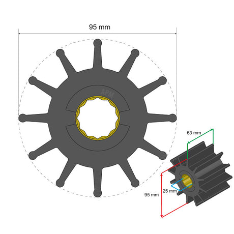 Albin Pump Premium Impeller - 95 x 25 x 63mm - 12 Blade - Spline Insert - 06-02-028