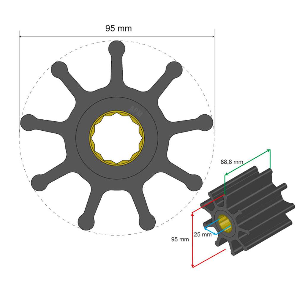 Albin Pump Premium Impeller Kit 95x25x88.8mm 9-blade spline insert diagram