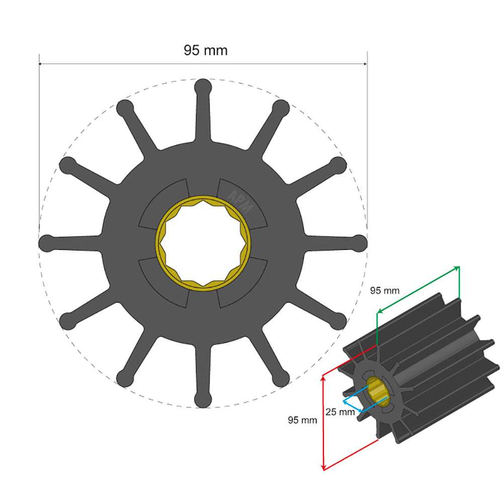 Albin Pump Premium Impeller Kit 95x25x95mm 12 blade spline insert diagram