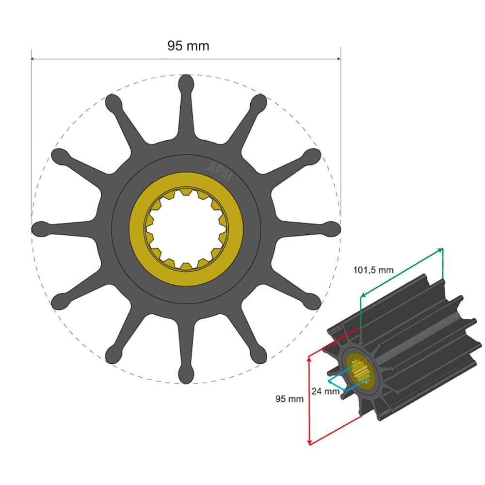 Albin Pump Premium Impeller Kit 95x24x101.5mm 12 blade with spline insert diagram