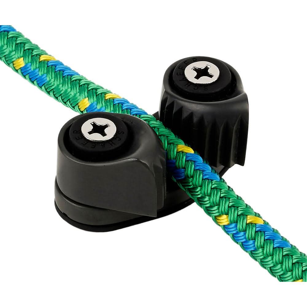Schaefer Fast Entry Cam Cleat for 1/4"-7/16" line with durable black aluminum cams and colorful braided rope