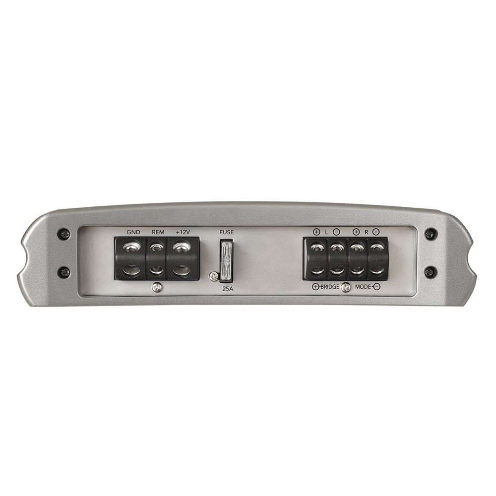 FUSION MS-AM402 2 Channel Marine Amplifier rear panel showing wiring terminals and fuse with stainless steel chassis.