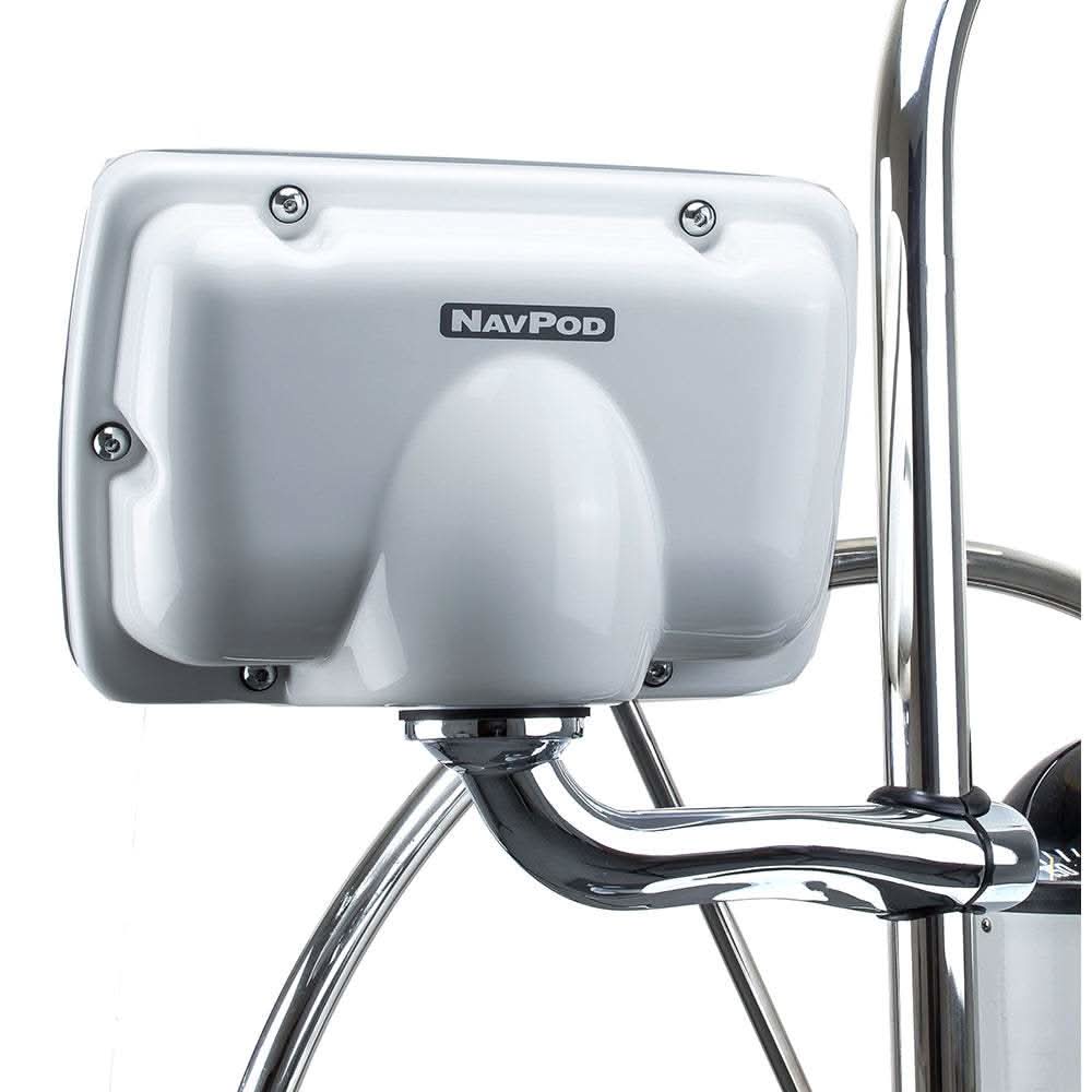 RailMount Pre-Cut GPSMAP NavPod mounted on 1" stainless steel tubing with chrome-plated arm for marine electronics.