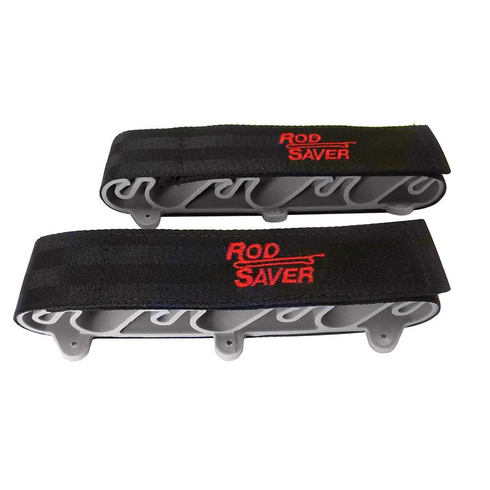 Rod Saver Side Mount 6 Rod Holder for vertical and horizontal rod storage with black straps and grey base.