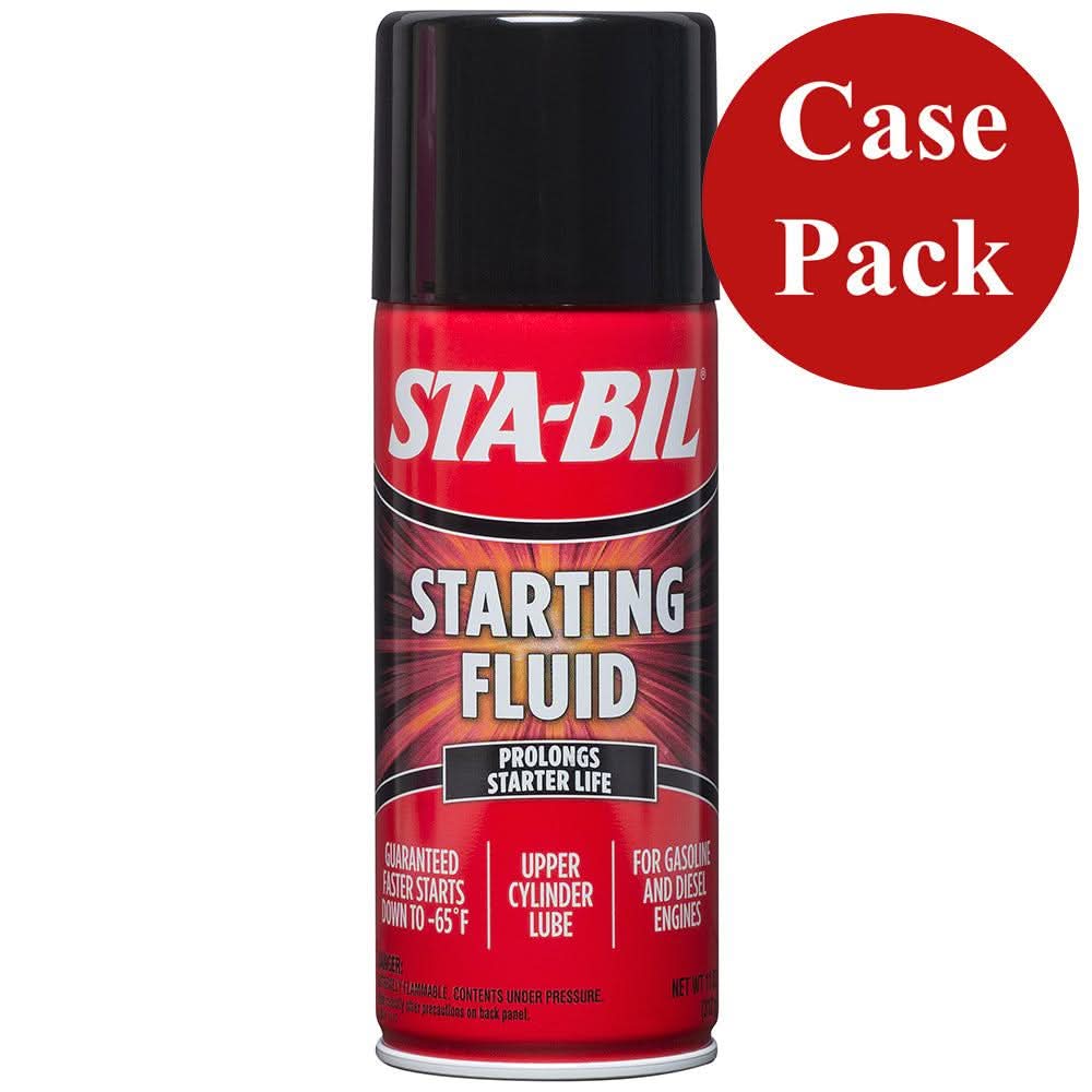 STA-BIL Starting Fluid 11oz aerosol can case pack for gasoline and diesel engines with upper cylinder lube and corrosion inhibitor.