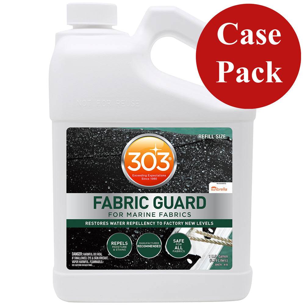303 Marine Fabric Guard gallon case pack restores water repellency to marine fabrics, protects against stains and water damage.