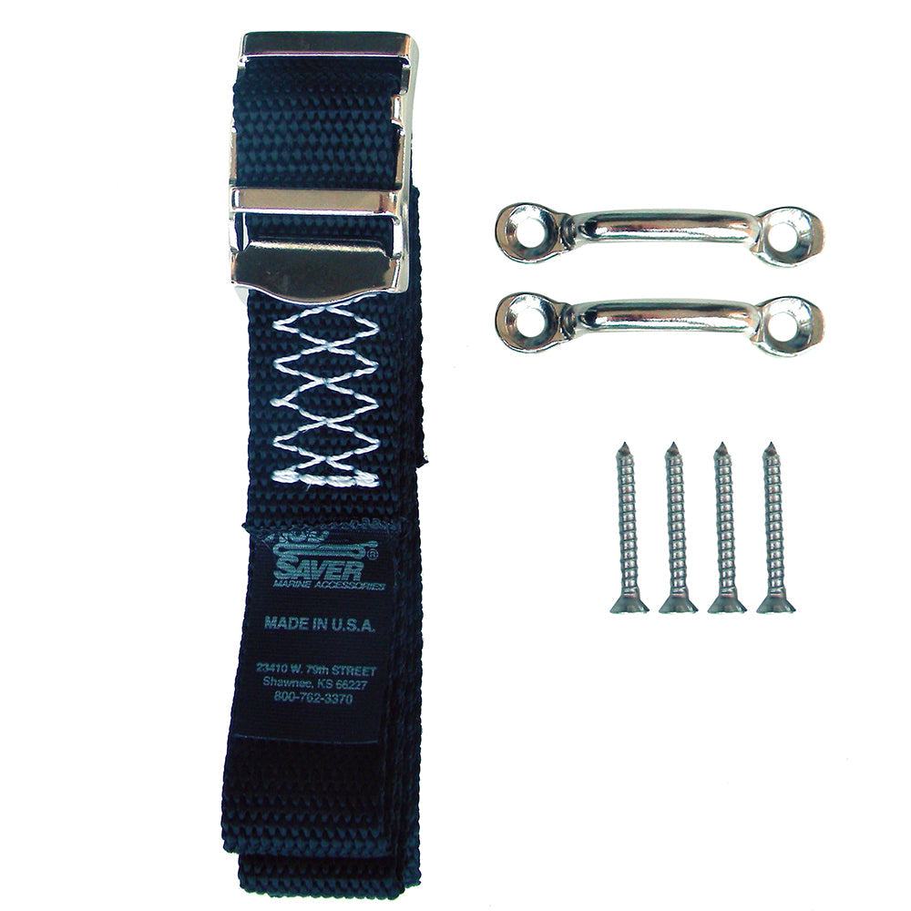 Rod Saver 48 inch battery and gas tank tie down strap with nickel coated steel loops and quick release buckle