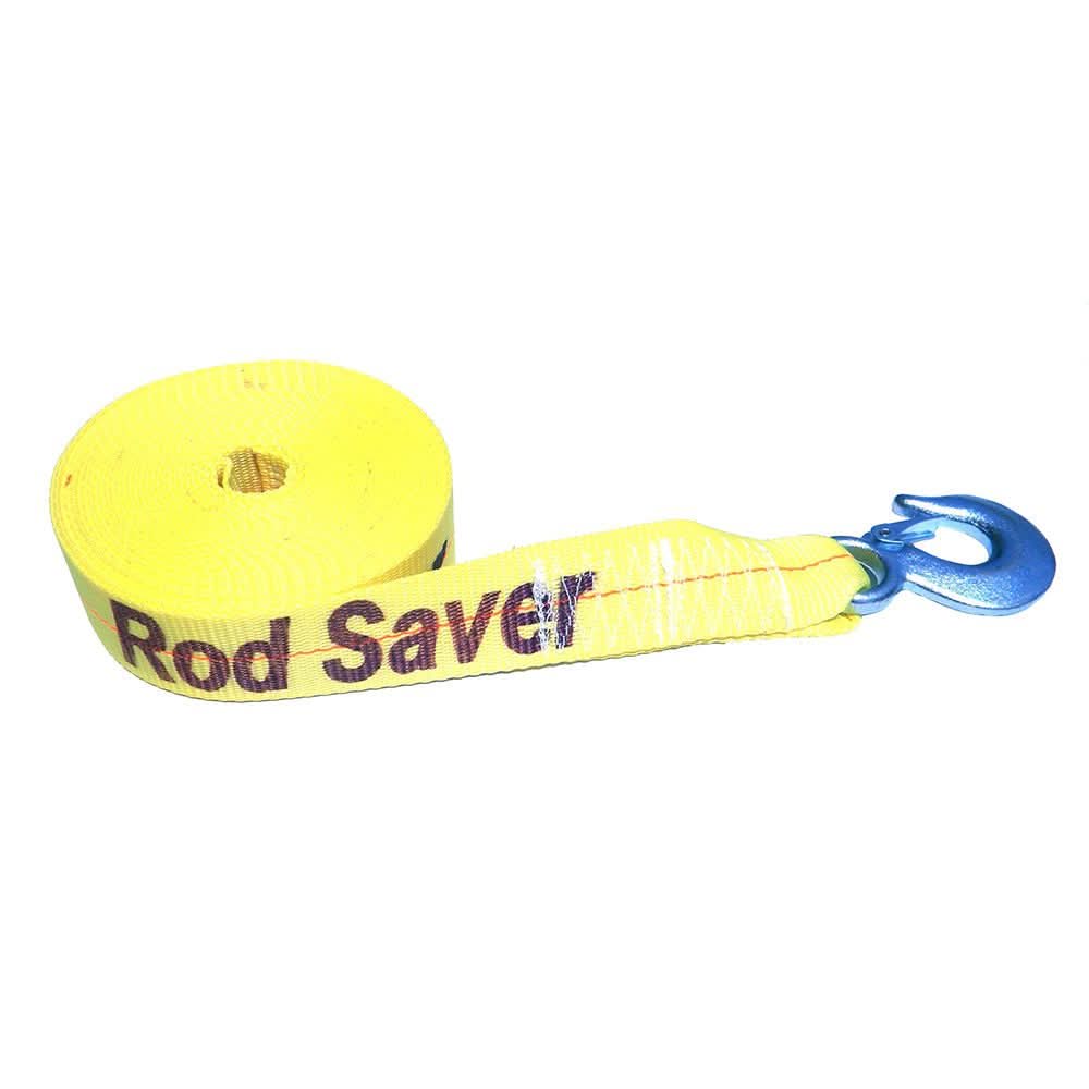 Yellow Rod Saver heavy-duty winch strap replacement 2 inch by 30 feet with blue snap hook