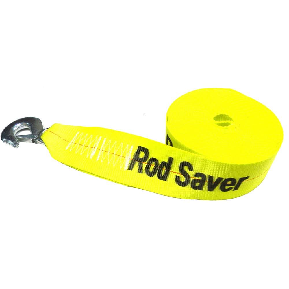 Rod Saver heavy-duty yellow winch strap with 10,000 lb capacity and metal hook, 3 inches by 20 feet