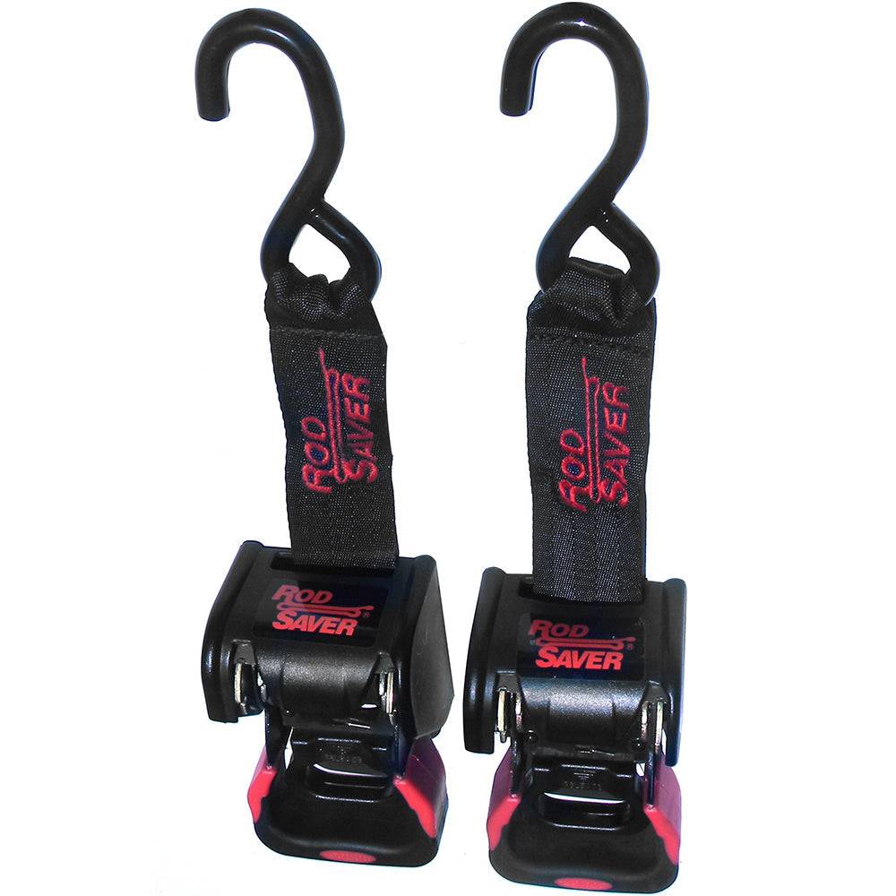 Pair of Rod Saver RT40 retractable transom tie-downs with black webbing and hooks for securing boats to trailers.