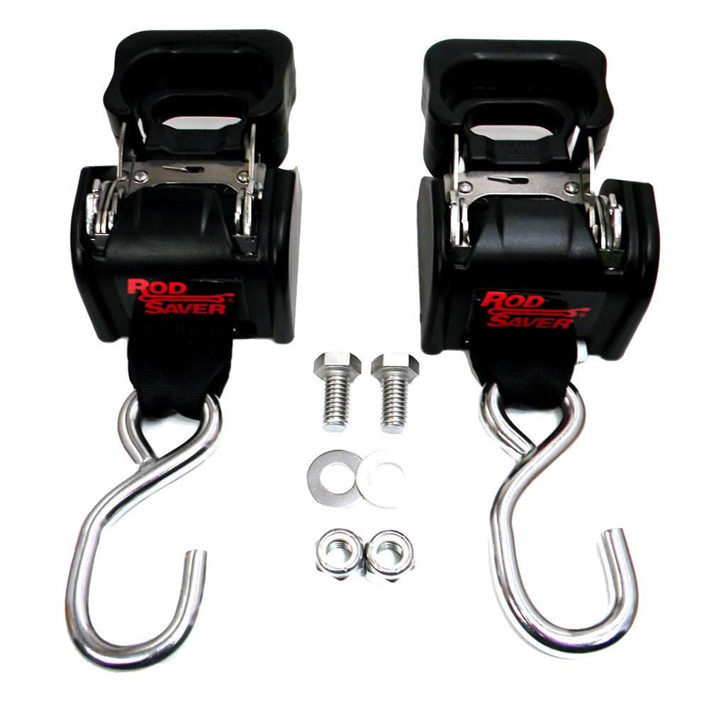 Pair of Rod Saver stainless steel retractable transom tie-downs with hooks and mounting hardware