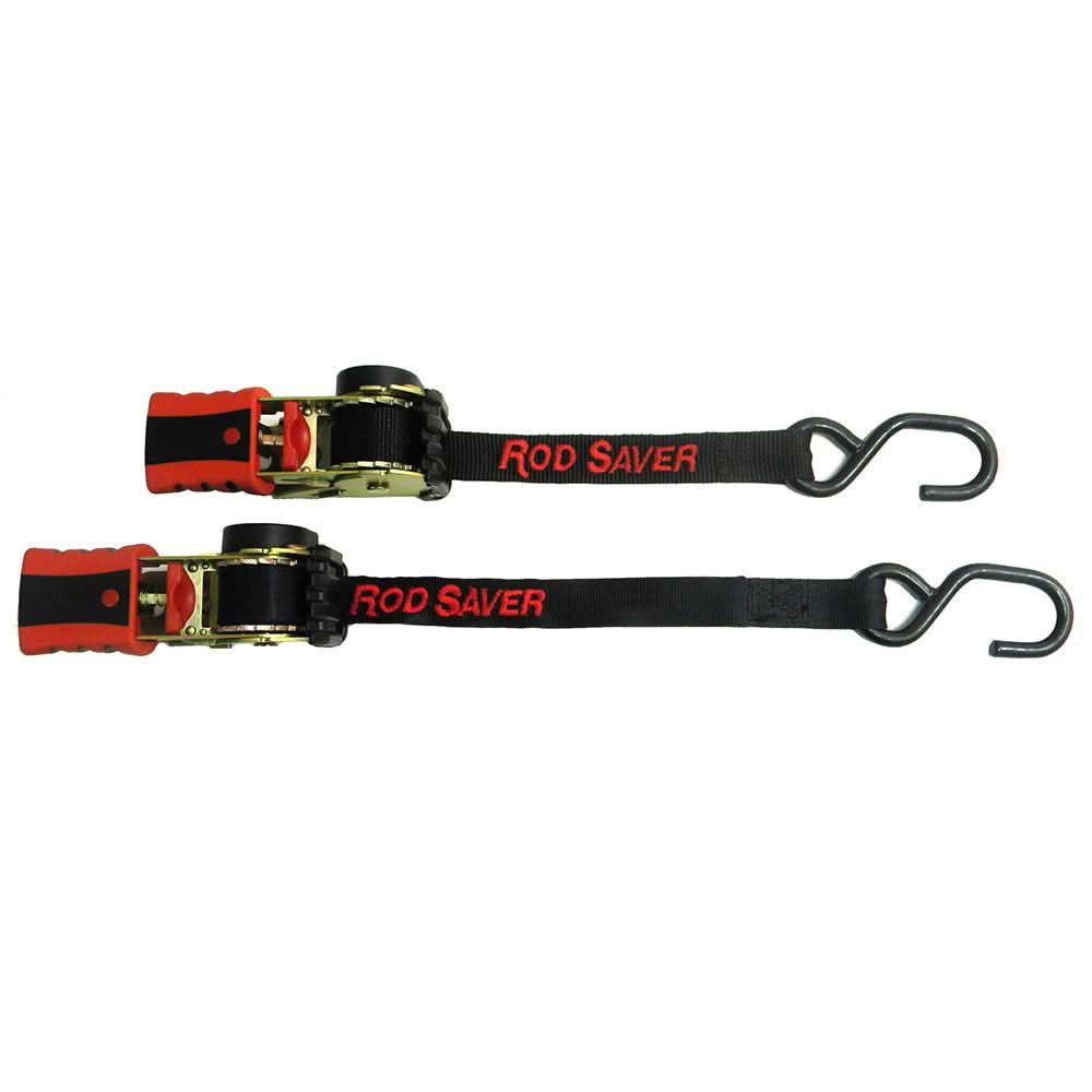 Rod Saver Mini Retractable Tie Down 50 inch pair with red and black ratchet straps and hooks for securing gear