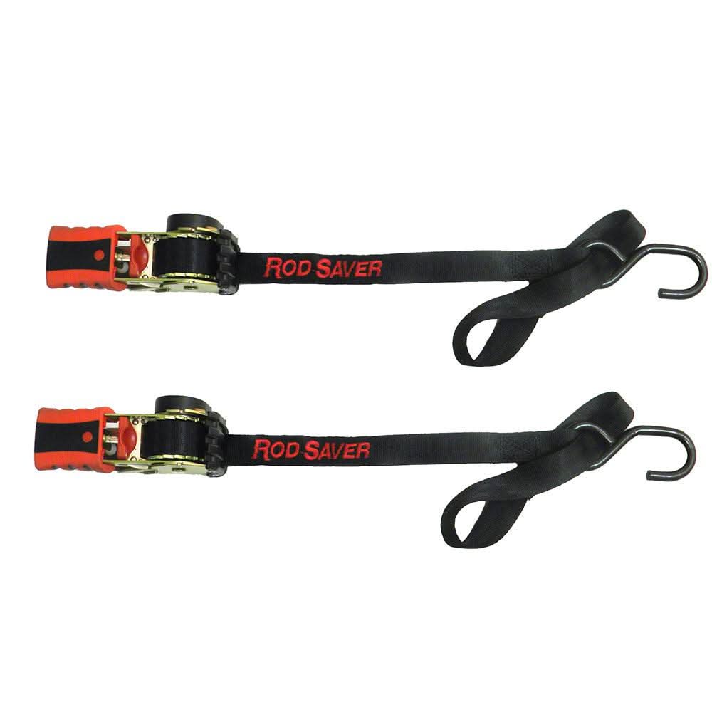 Pair of Rod Saver Mini Retractable Tie Downs 50 inch with soft hooks and ratchet handles