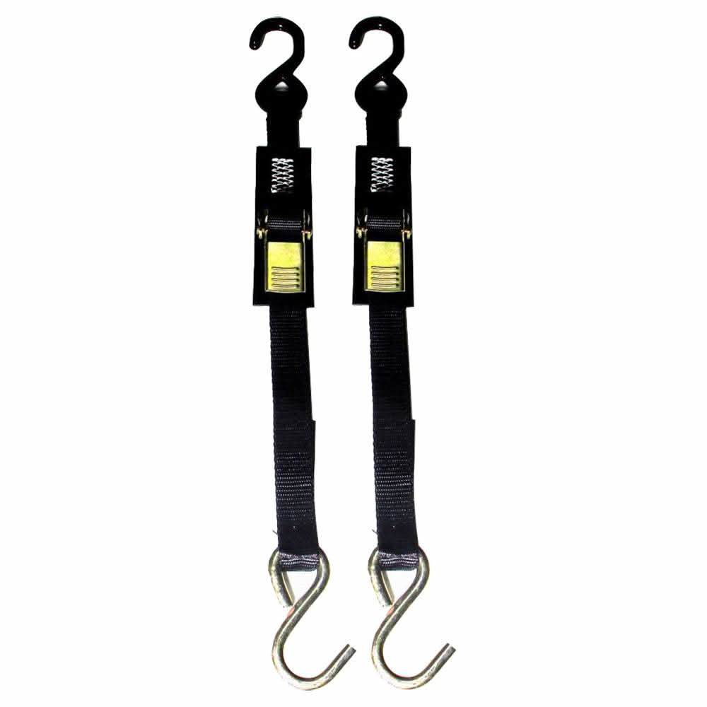 Pair of 1" x 4' quick release trailer tie-downs with over-center buckles and vinyl coated hooks
