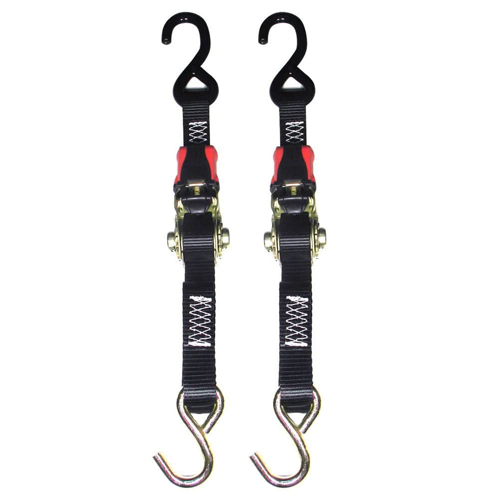Pair of Rod Saver Rubber Ratchet Tie-Downs with black straps and hooks for securing fishing gear