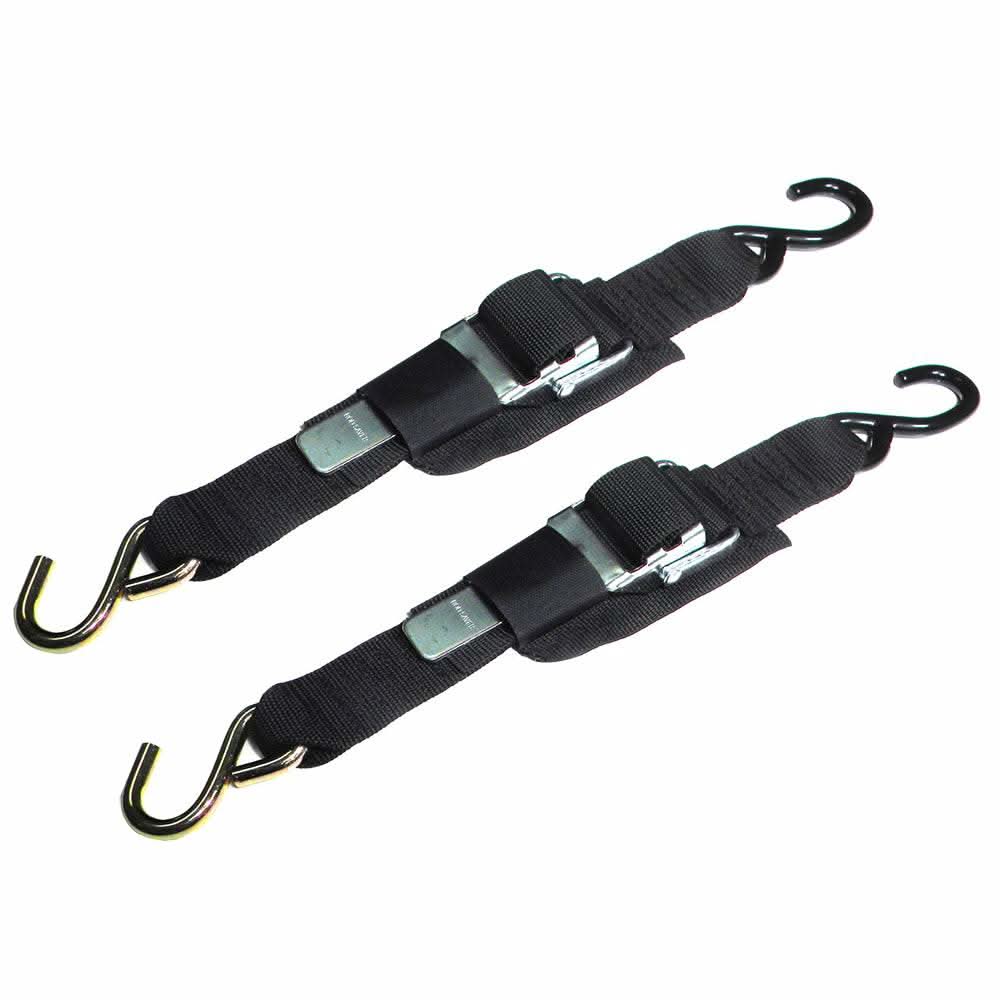 Pair of Rod Saver Paddle Buckle Trailer Tie-Downs 2" x 6' with vinyl coated and zinc plated hooks