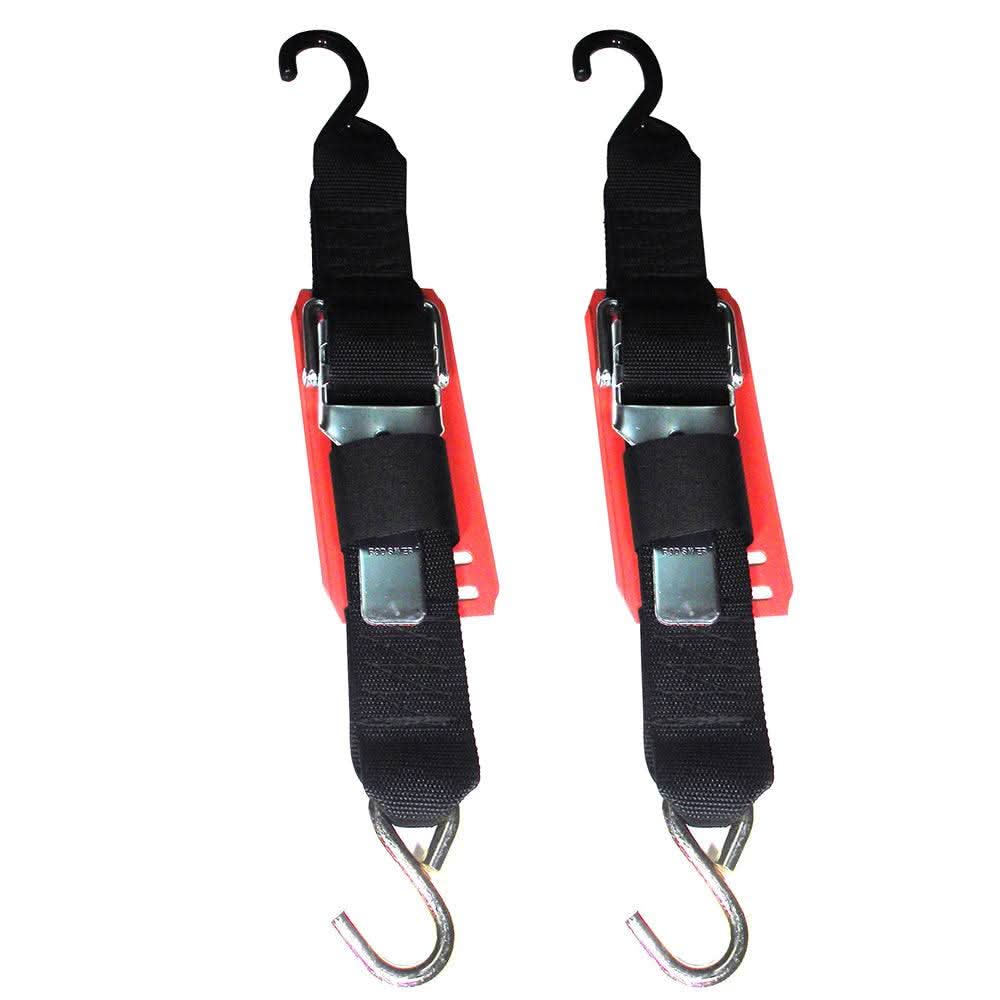 Pair of Rod Saver paddle buckle trailer tie-downs with vinyl pads, 2" x 6' straps, heavy-duty hooks and protective pads