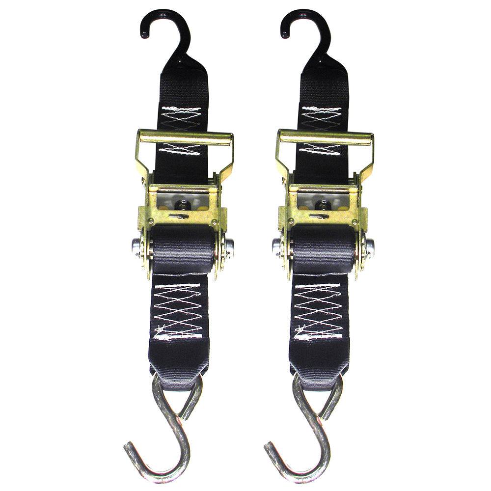 Pair of heavy-duty ratchet trailer tie-downs 2 inch by 5 feet with vinyl coated top hooks and zinc plated bottom hooks, 2400 lb capacity