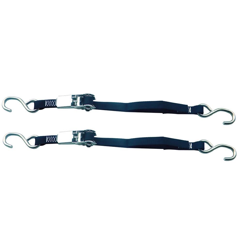 Rod Saver stainless steel ratchet tie-down pair with S hooks 1 inch by 4 feet