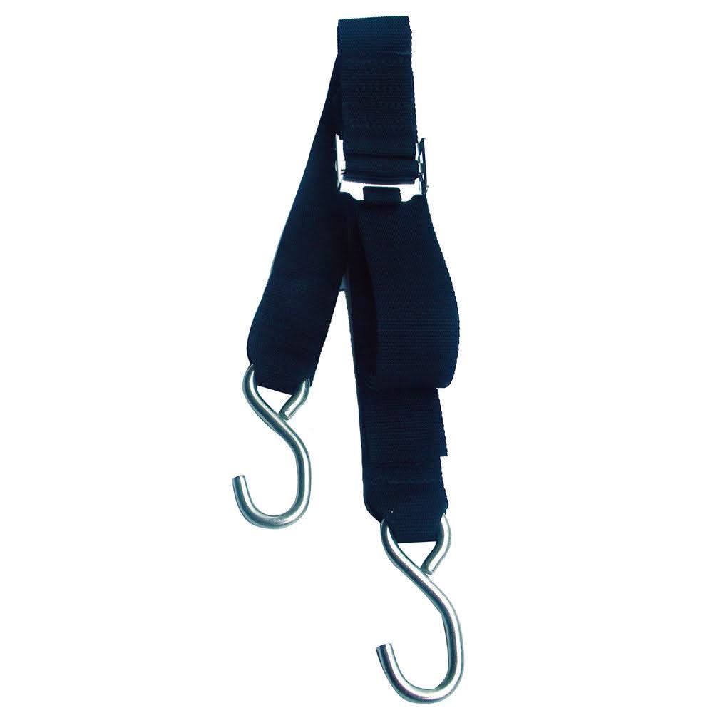 Rod Saver stainless steel roller buckle gunwale tie-down with 2-inch wide black strap and S hooks, 16 feet long