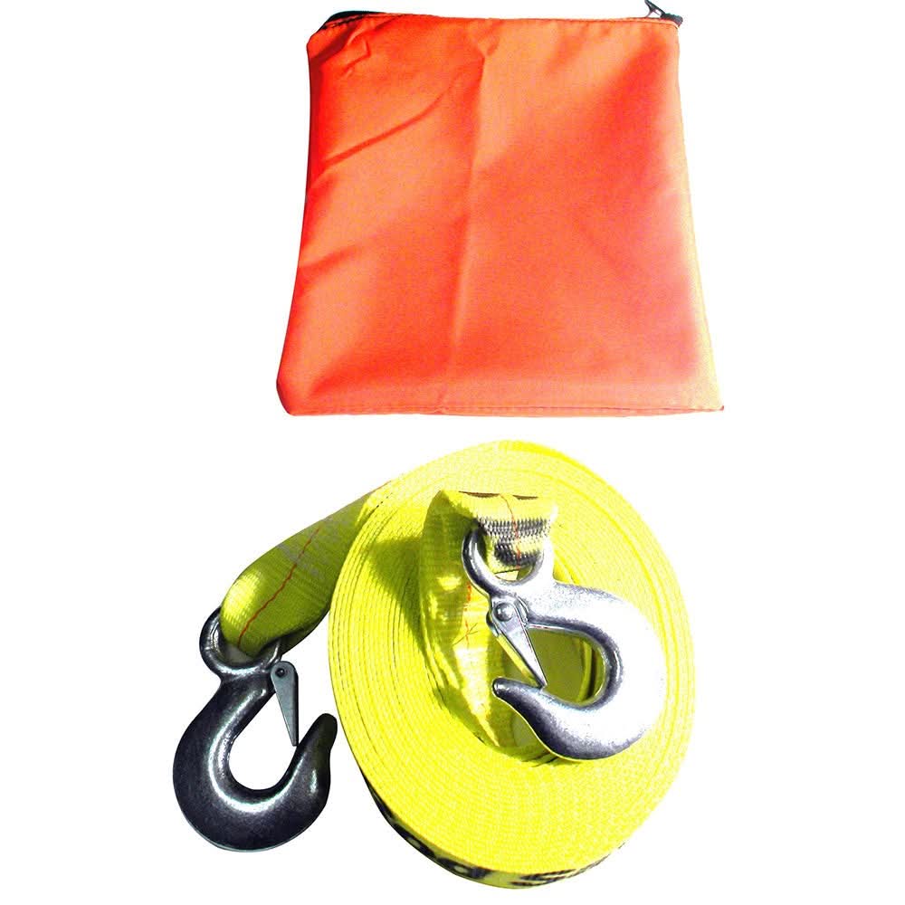Rod Saver Emergency Tow Strap 10,000lb capacity with yellow webbing and drop forged hooks in fluorescent orange storage bag