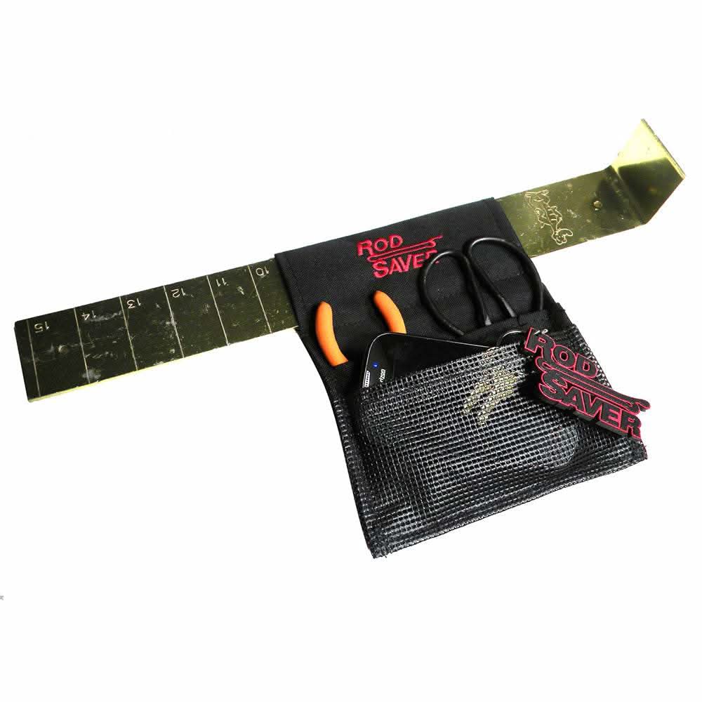 Rod Saver Stick-On Organizer with 3M dual lock, tool storage, and golden rule sleeve for fishing gear.