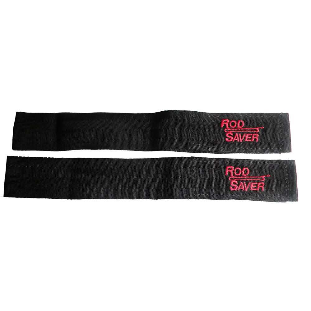 Rod Saver black 32-inch rod wraps with red logo, pair of adjustable Velcro straps for securing fishing gear