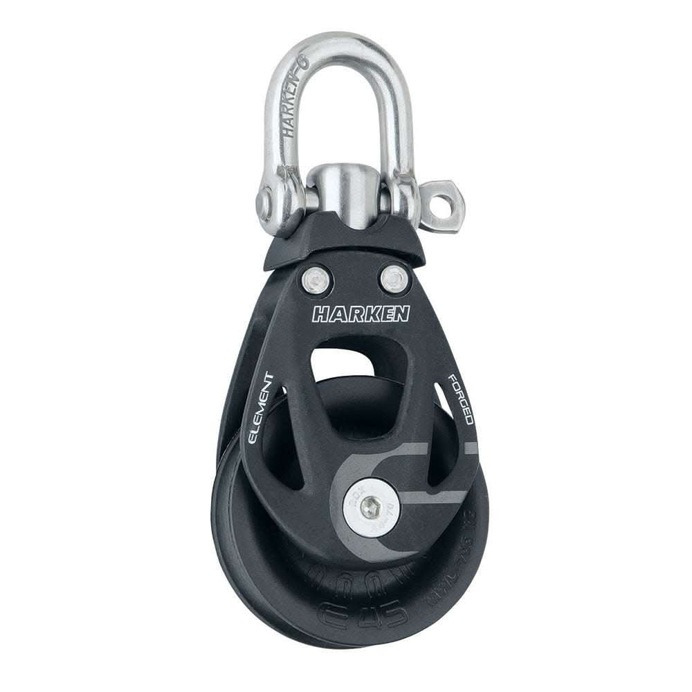 Harken 45mm single element block with swivel, forged aluminum sideplates, corrosion-resistant sheave, 700kg max load.