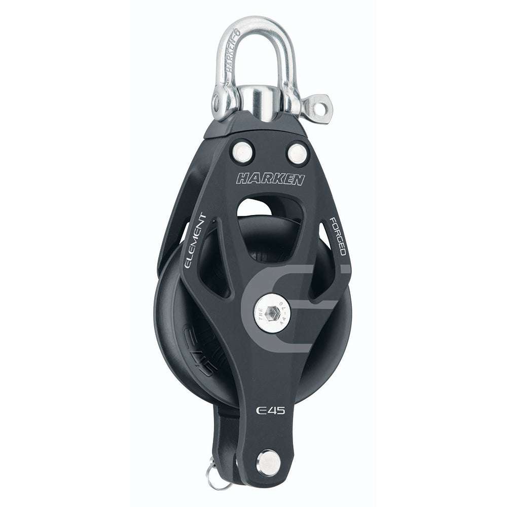 Harken 45mm single element block with swivel and becket, forged aluminum sideplates, corrosion-resistant composite sheave, durable sailing pulley block