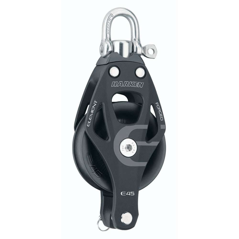 Harken 45mm single element block with swivel and becket, forged aluminum sideplates, corrosion-resistant composite sheave, durable sailing pulley block