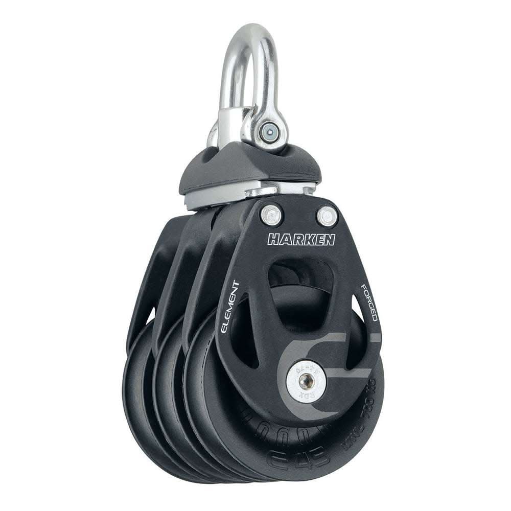 Harken 45mm triple element block with swivel, forged aluminum sideplates, corrosion-resistant composite bearing sheave, durable sailing hardware.