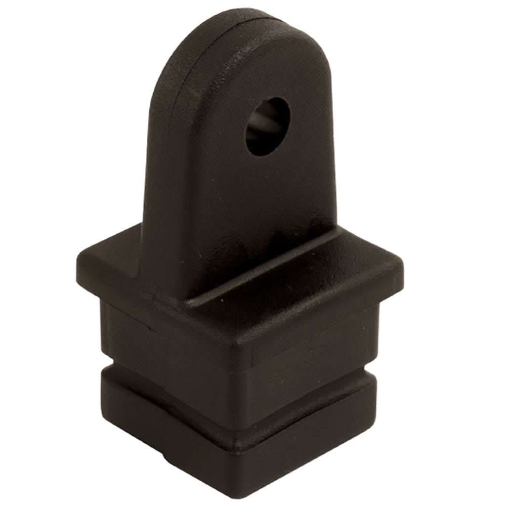 Black nylon square tube top insert for 1-inch tubing with pivot hole, UV stabilized and injection molded.