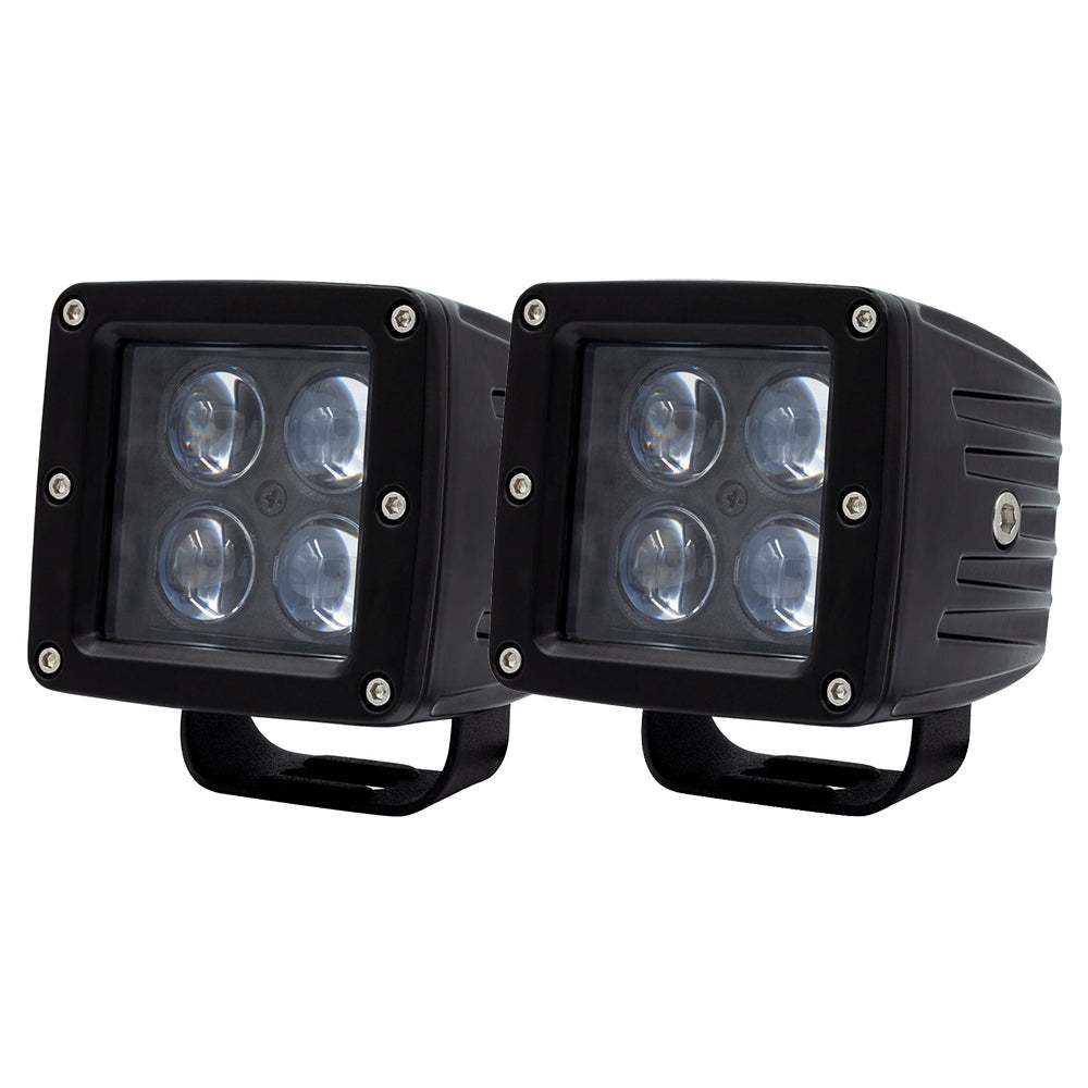 Pair of HEISE 3 inch 4 LED cube lights with black die-cast aluminum housing and stainless steel brackets