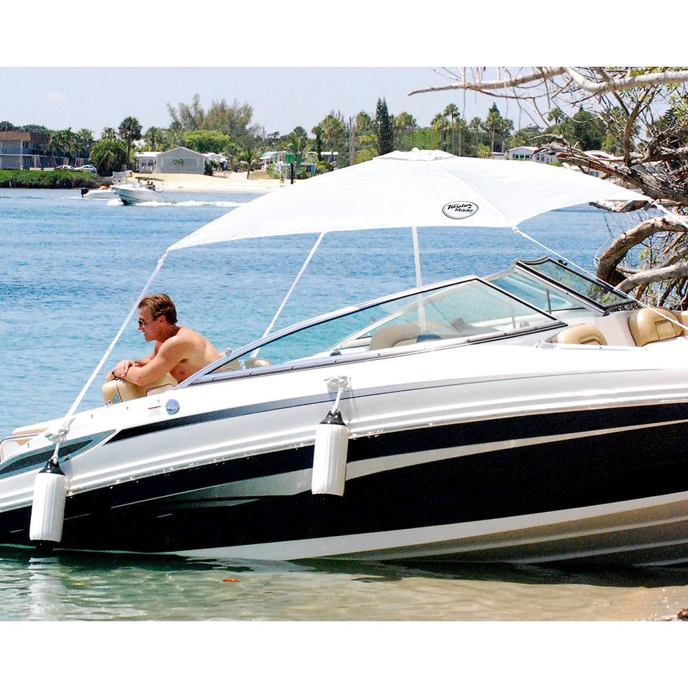 Taylor Made AnchorShade III white marine umbrella on boat providing sun protection