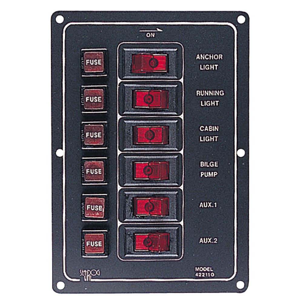 Sea-Dog Aluminum switch panel with 6 vertical illuminated rocker switches and fuse holders for marine use