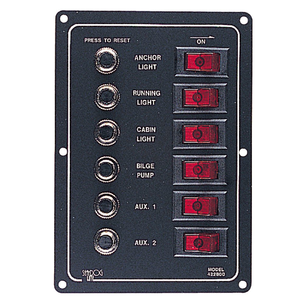 Sea-Dog Aluminum Circuit Breaker Panel with 6 illuminated rocker switches and circuit breakers in anodized aluminum.