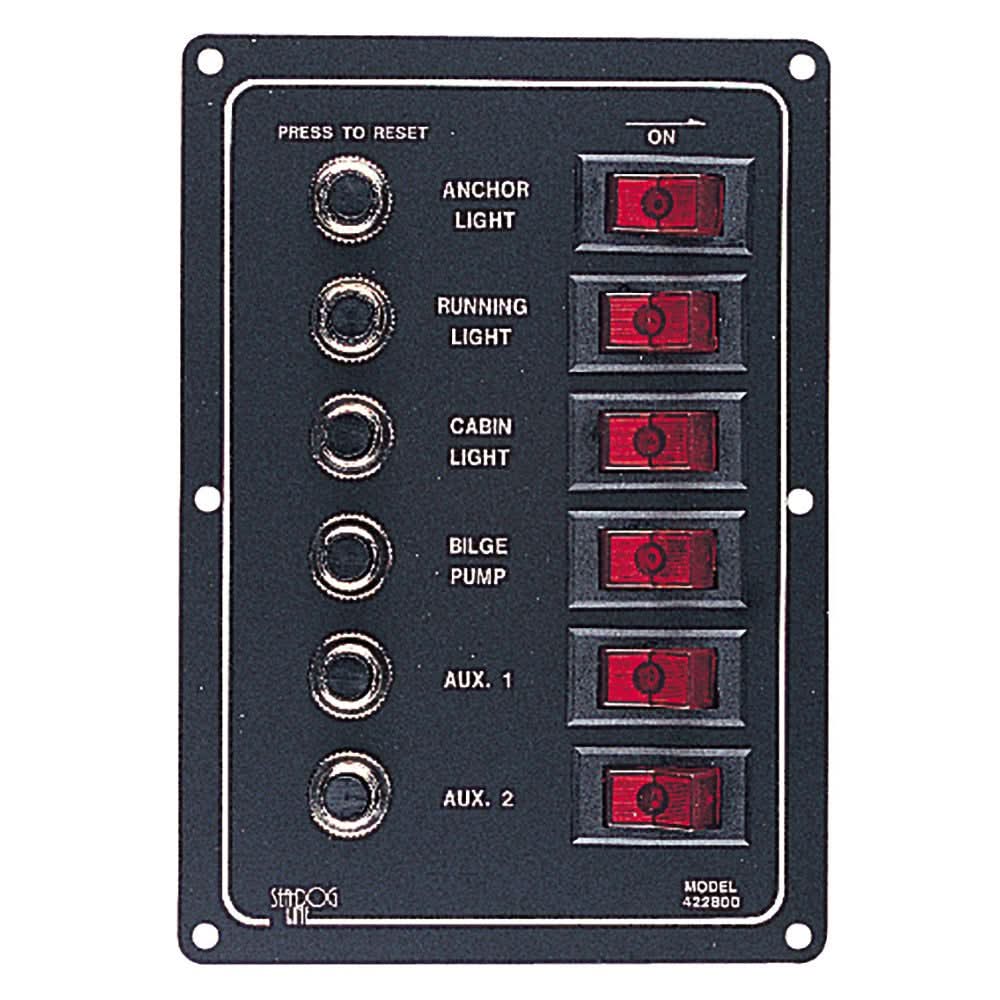 Sea-Dog Aluminum Circuit Breaker Panel with 6 illuminated rocker switches and circuit breakers in anodized aluminum.
