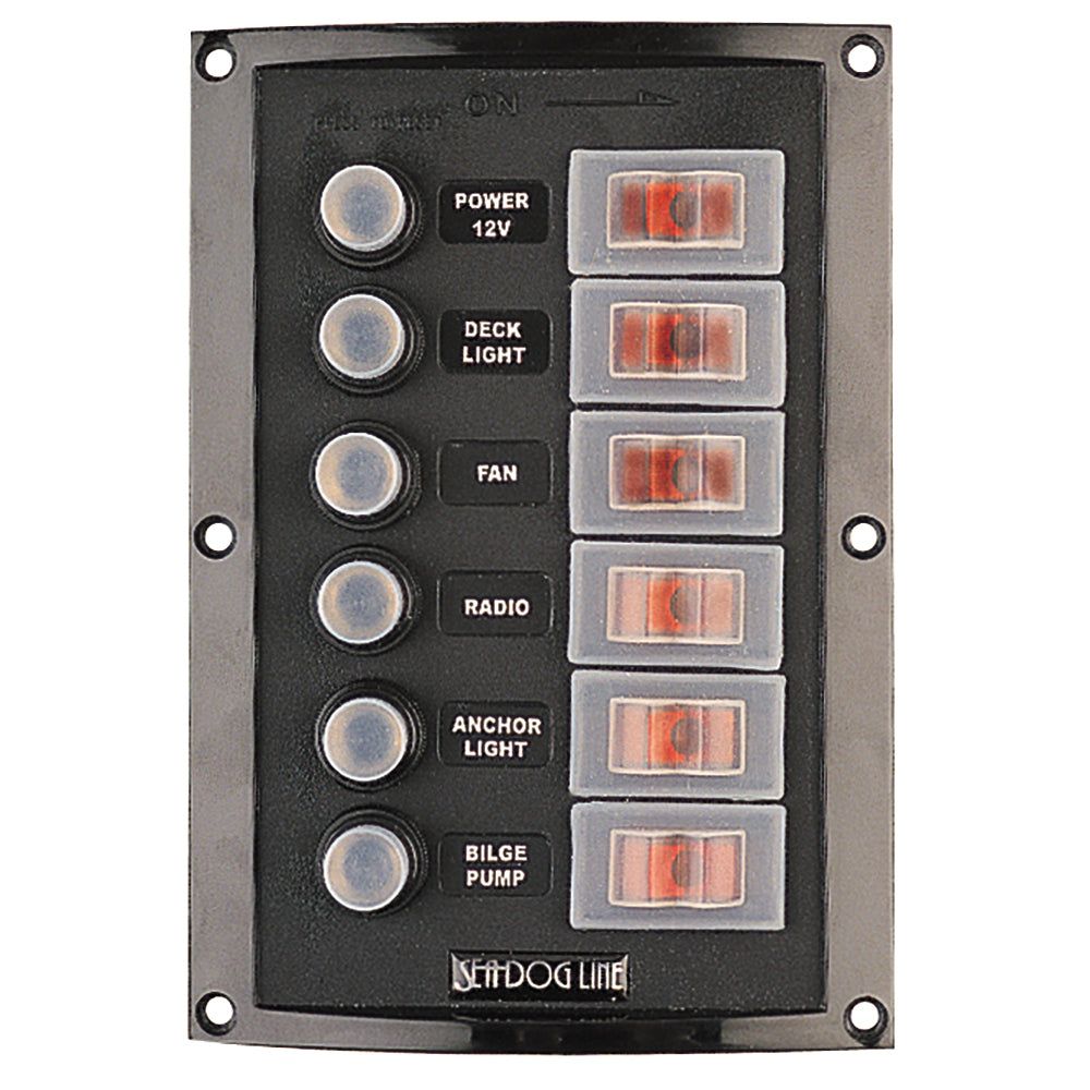 Sea-Dog 6-circuit splash guard breaker panel with illuminated rocker switches and waterproof covers