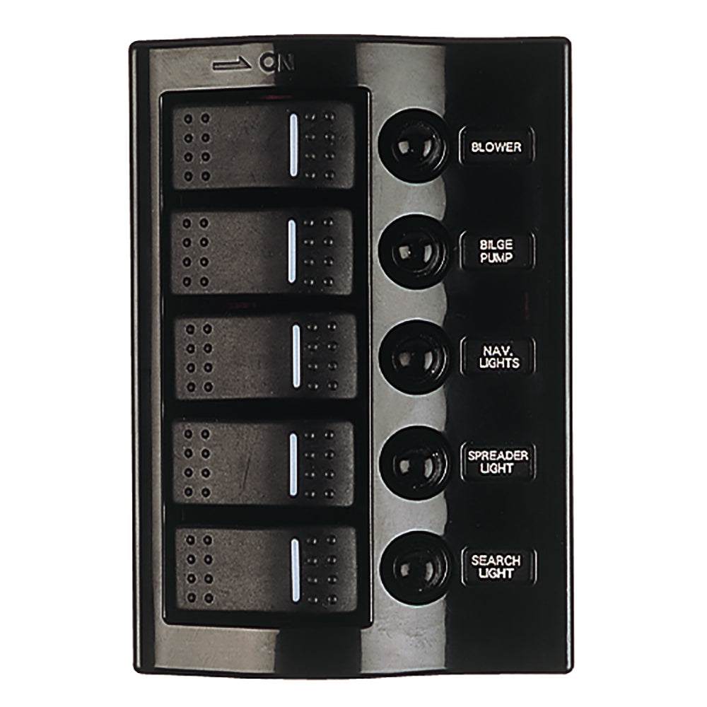 Sea-Dog Nylon Circuit Breaker Panel with 5 wave style rocker switches and LED indicators