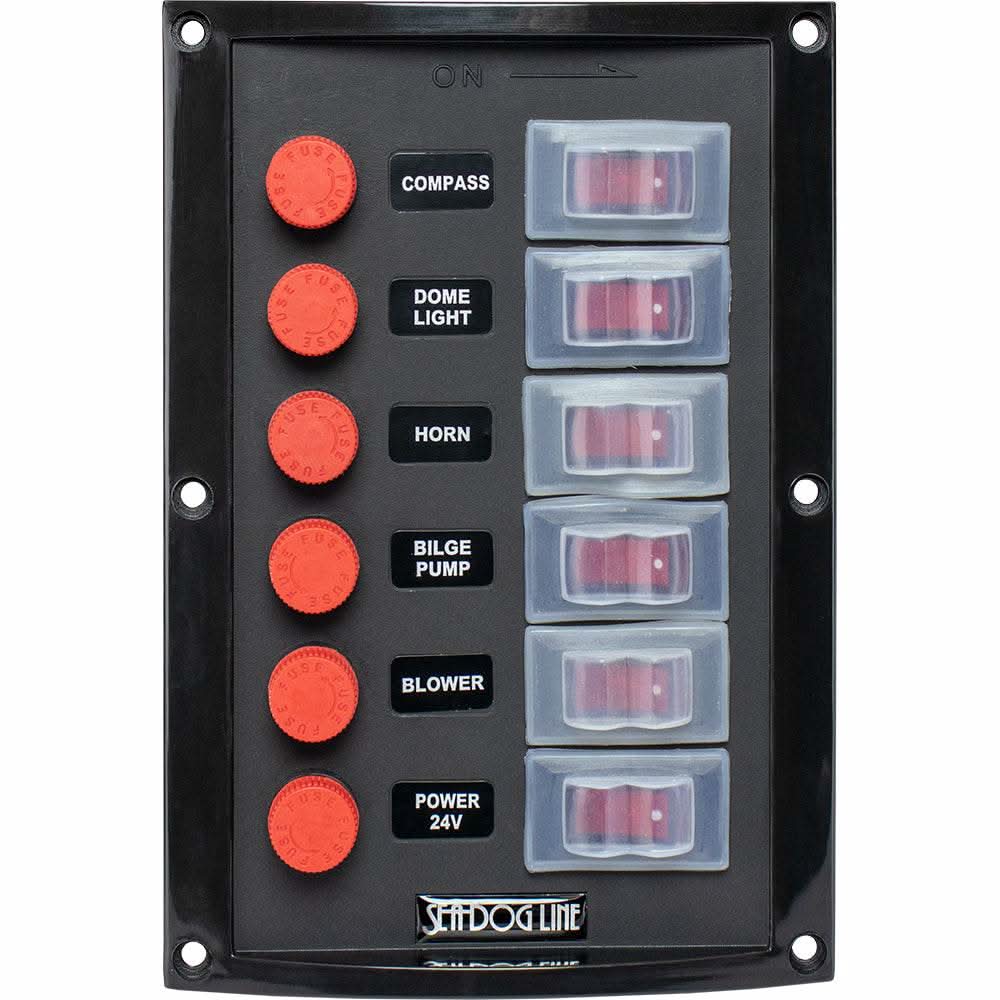 Sea-Dog Splash Guard 6-switch vertical panel with splash guard covers and fuse holders