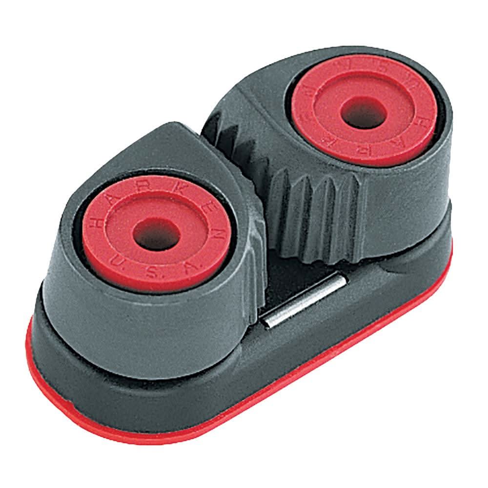 Harken Micro Cam-Matic aluminum cam cleat with red and black ball bearing cams for secure line holding and easy trimming