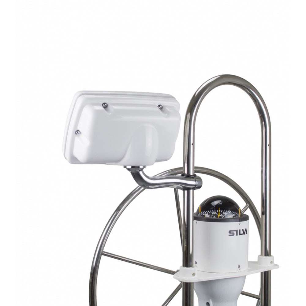 NavPod RMX4502 RailMount Pod with pre-cut 3.6 inch holes mounted on stainless steel rail with compass holder for marine electronics.